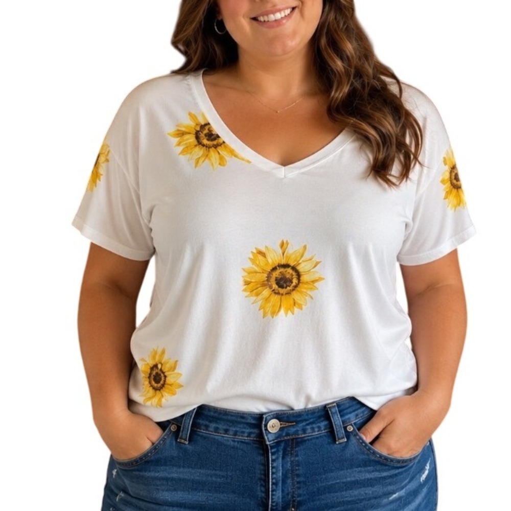 Organic Generation Sunflower V-Neck T-Shirt Womens 2X White Excellent Cotton